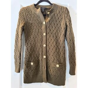 White House Black Market Cable Knit Cardigan Sweater Olive Green